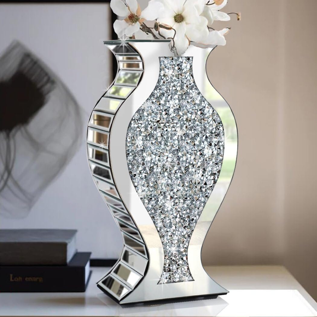 Silver S-Curve Crushed Diamond Mirror Vase Centerpiece