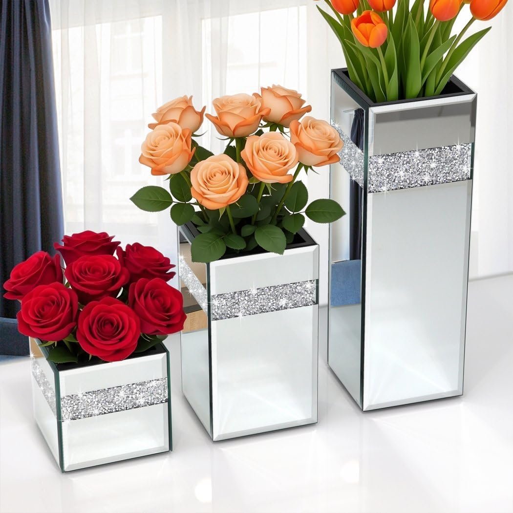 Crushed Diamond Mirrored Vases Small Medium Large 3-Pack