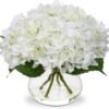 Hollyone White Hydrangea Artificial Flowers with Glass Vase