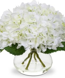 Hollyone White Hydrangea Artificial Flowers with Glass Vase