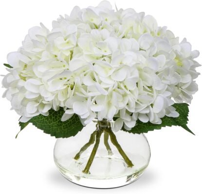 Hollyone White Hydrangea Artificial Flowers with Glass Vase