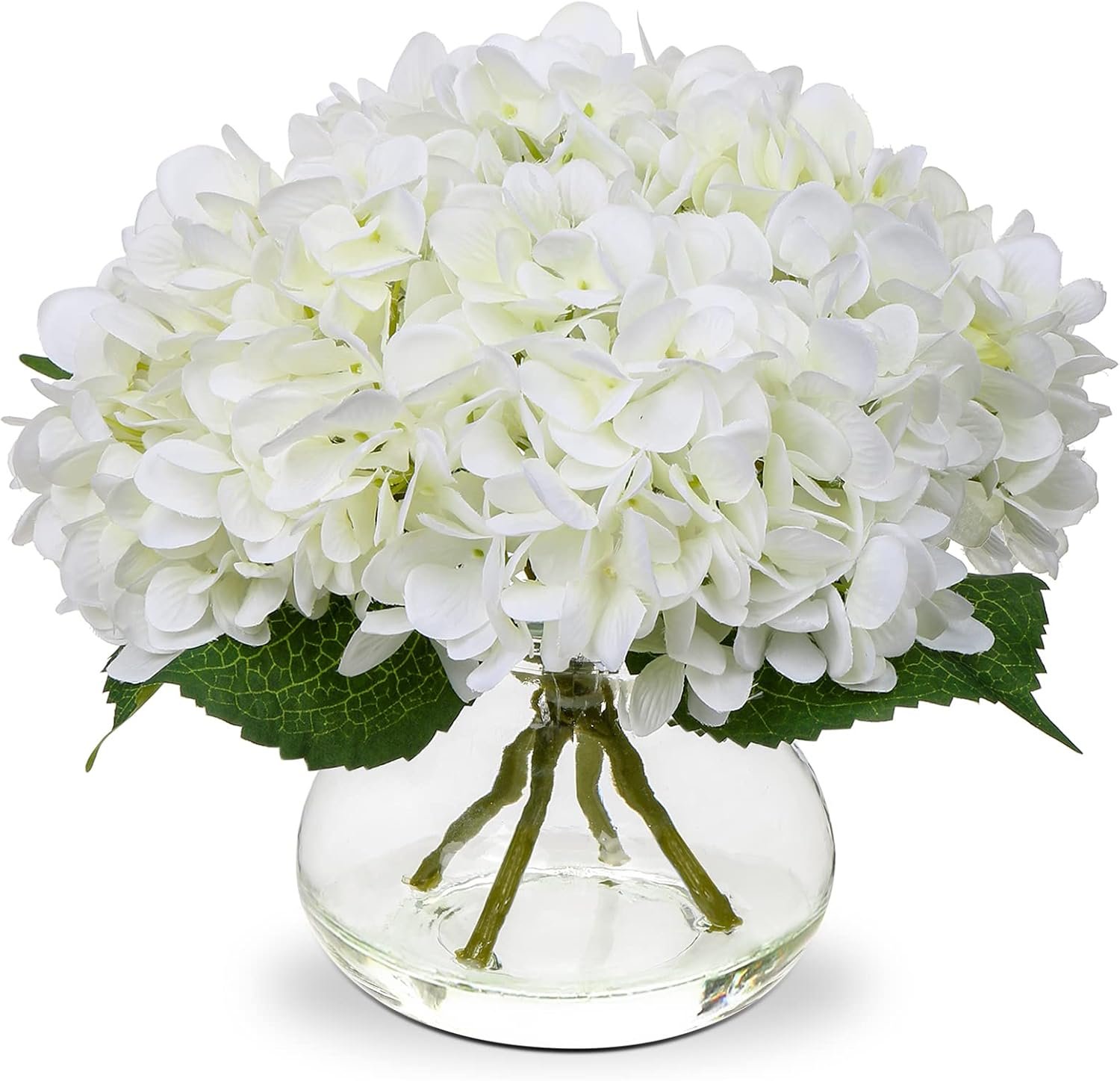 Hollyone White Hydrangea Artificial Flowers with Glass Vase