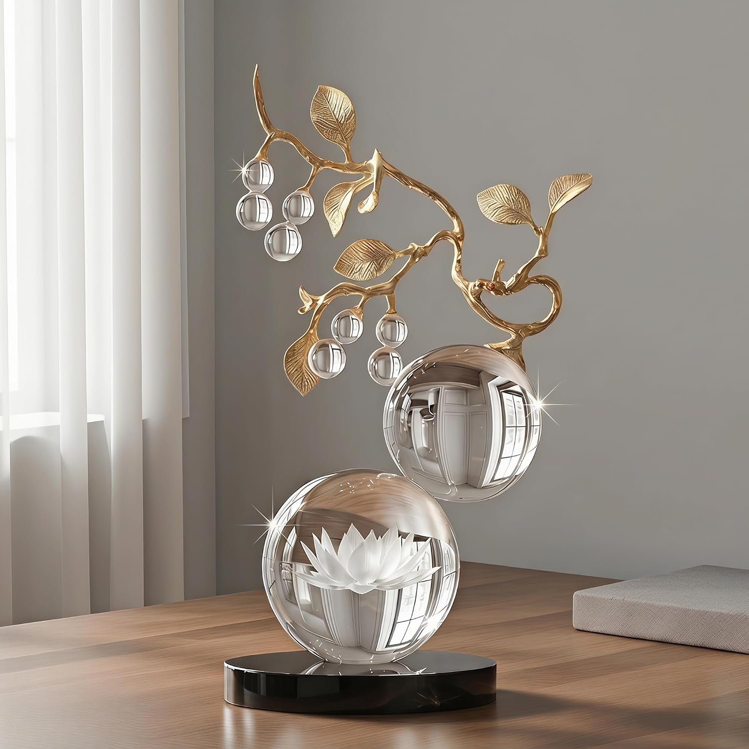 Minimalist Clear Crystal Sculpture with Gold Branch