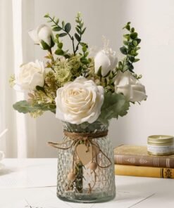 White Silk Roses in Vase, Decorative Centerpiece