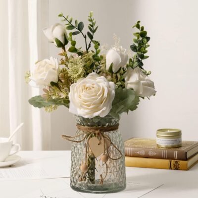 White Silk Roses in Vase, Decorative Centerpiece