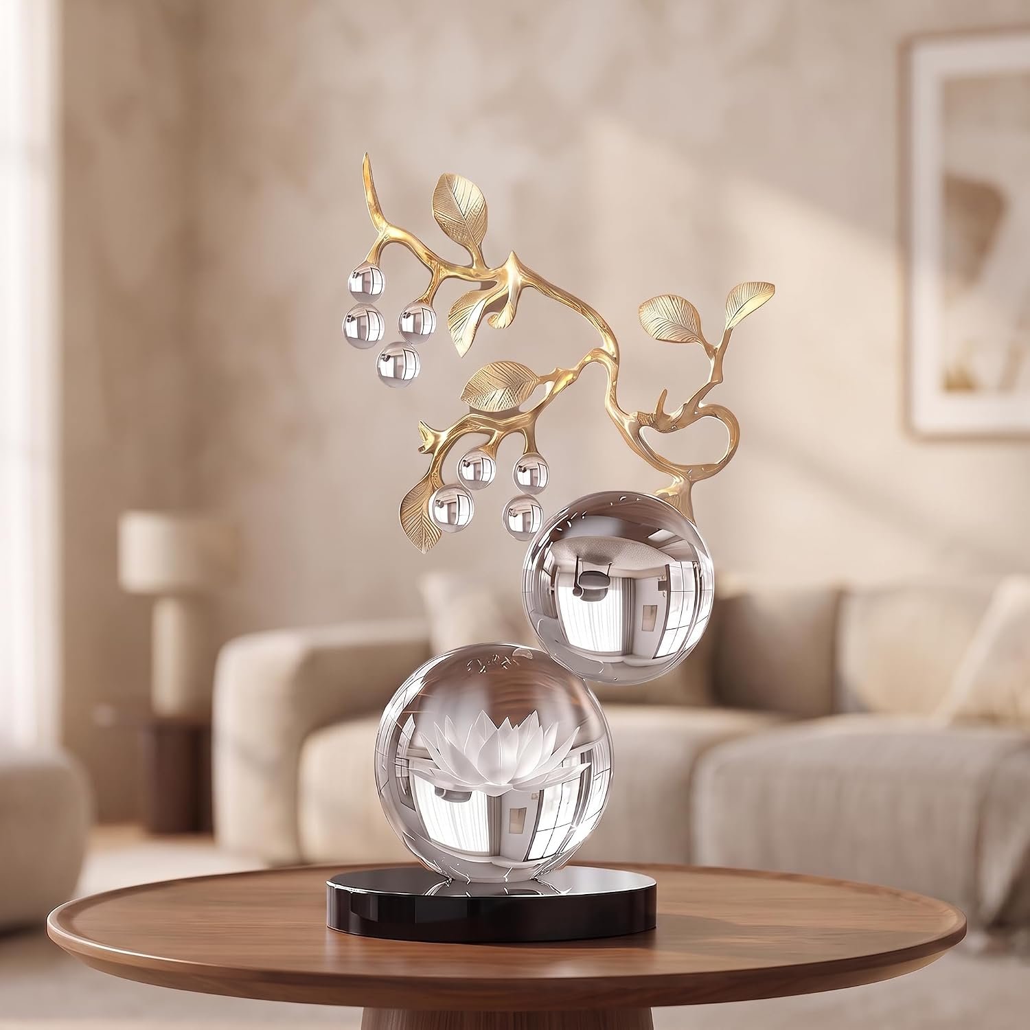 Clear Glass Sculpture with Gold Branch Nature Decor