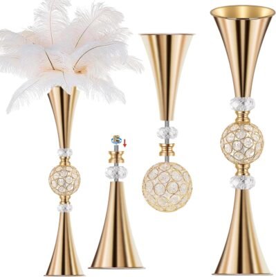 Gold Tall Crystal Trumpet Vase for Centerpiece Decor