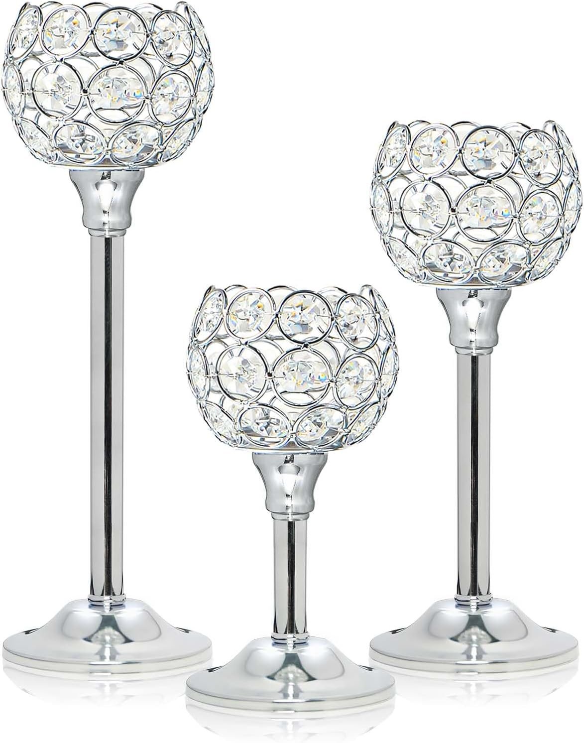 3-Piece Silver Crystal Tealight Candlesticks Wedding Centerpiece