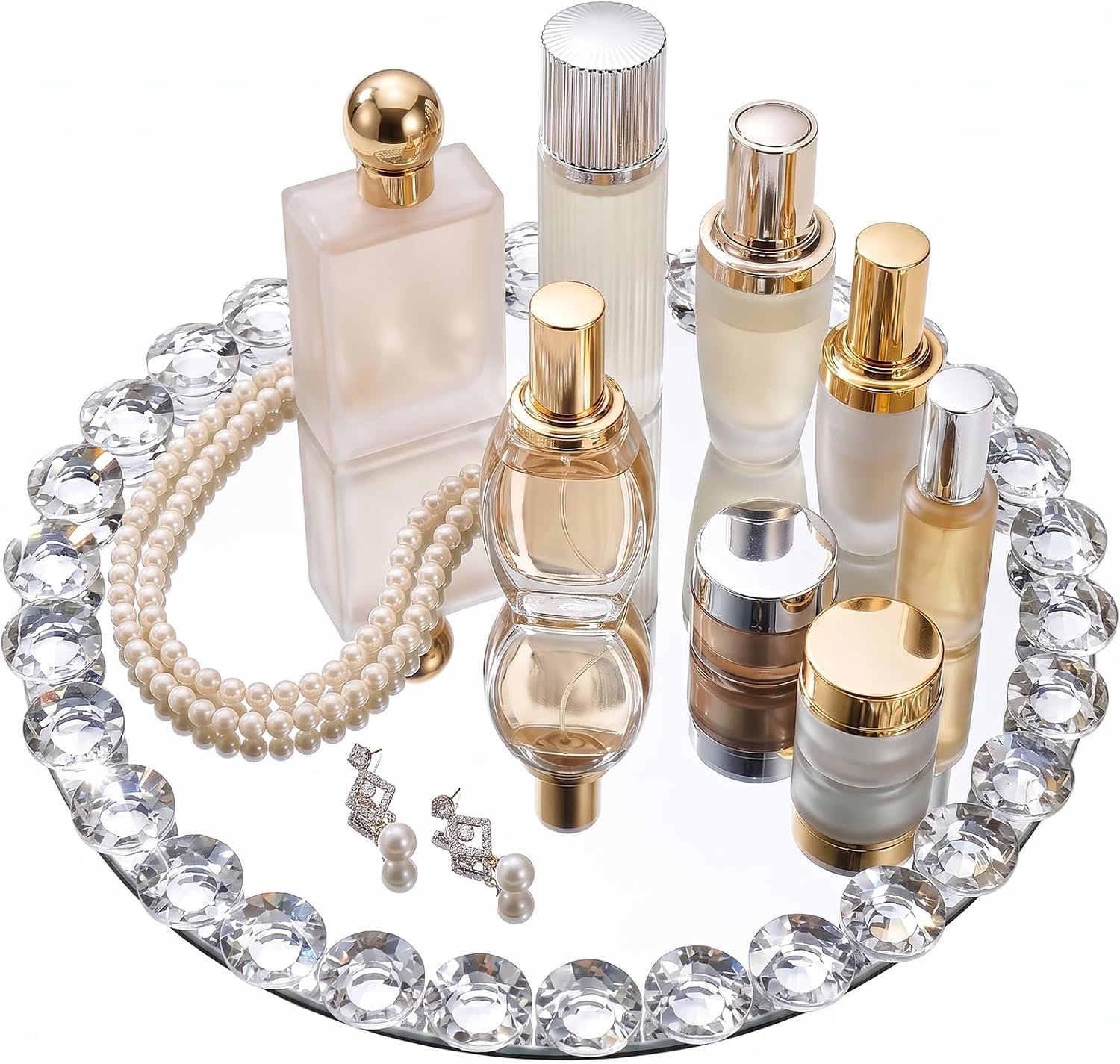 Silver Crystal Bead Glass Vanity Tray Bathroom Decor